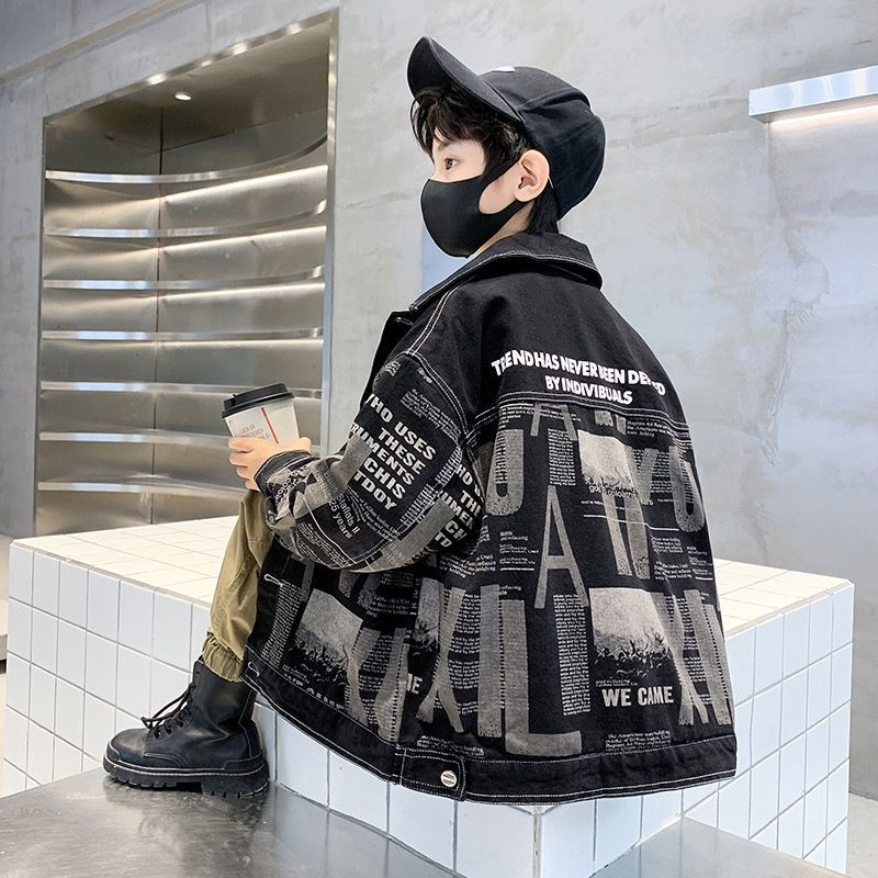 2023. gada pusaudžu modes jauns rudens pavasara komplekts zēniem, džinsa jakas mēteļi, 1 gab. komplekts, bērnu uzvalks, bērnu uzvalks, vēstule, pilna druka 5–14 g.