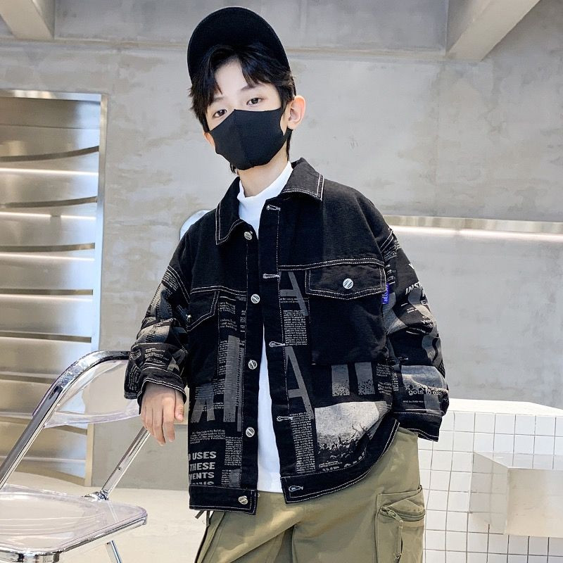 2023. gada pusaudžu modes jauns rudens pavasara komplekts zēniem, džinsa jakas mēteļi, 1 gab. komplekts, bērnu uzvalks, bērnu uzvalks, vēstule, pilna druka 5–14 g.