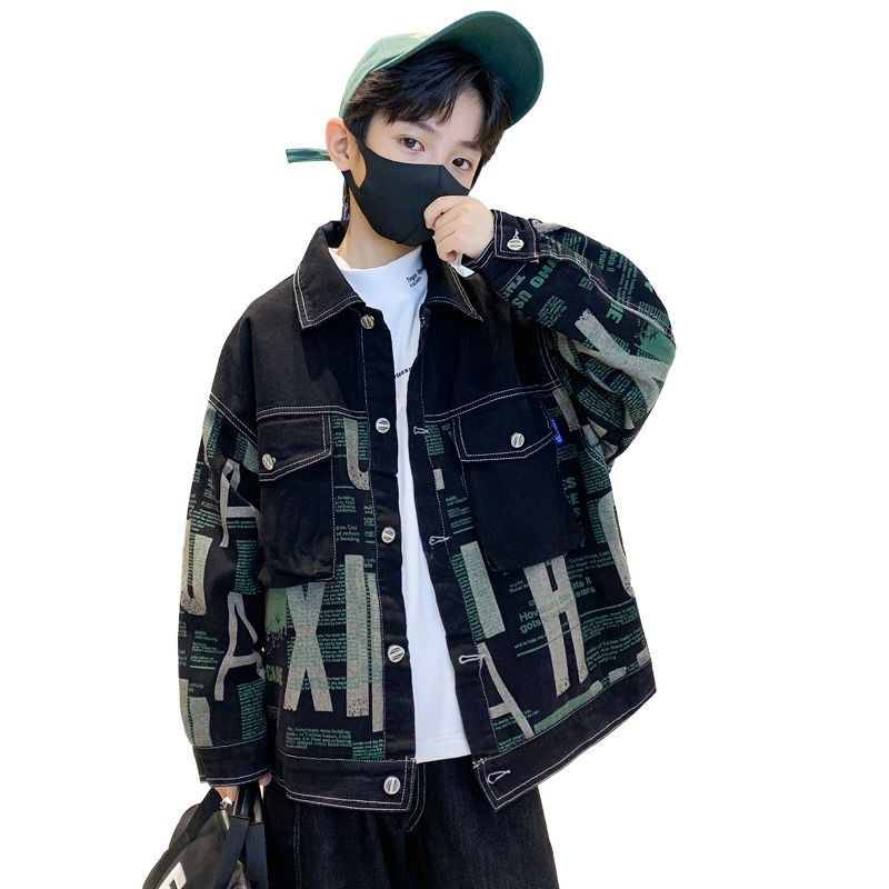 2023. gada pusaudžu modes jauns rudens pavasara komplekts zēniem, džinsa jakas mēteļi, 1 gab. komplekts, bērnu uzvalks, bērnu uzvalks, vēstule, pilna druka 5–14 g.