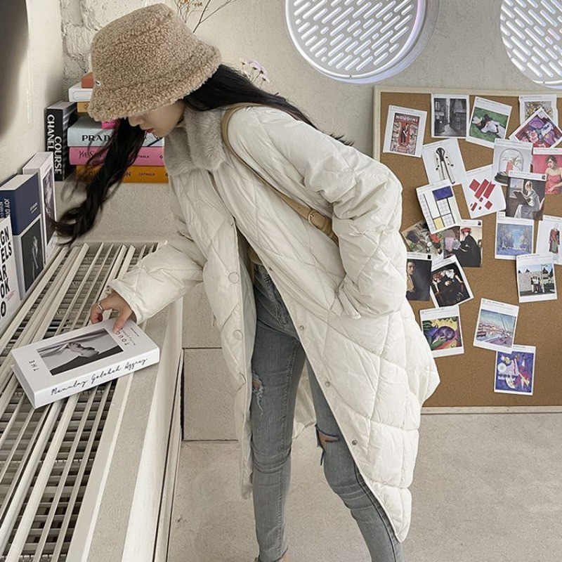 Parka Ins Diamond Check Femei Midi Toamna Iarna Chic Noi Buzunare La un singur piept Populare Ulzzang Gros Cald Femeii Studente