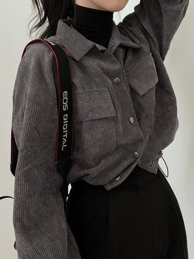 Γυναικείο vintage κοτλέ κομμένο σακάκι Κορεάτικη μόδα μακρυμάνικο μπλούζες με κορδόνι γυναικεία φαρδιά μονό παλτό Ζακέτα