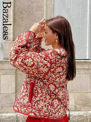 2023 Bazaleas Store Traf Red Floral Print Παλτό Parkas Ζεστό τζάκετ Επίσημο παλτό με βαμβακερή επένδυση