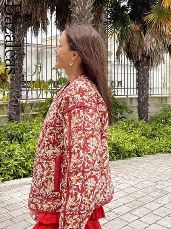 2023 Bazaleas Store Traf Red Floral Print Παλτό Parkas Ζεστό τζάκετ Επίσημο παλτό με βαμβακερή επένδυση