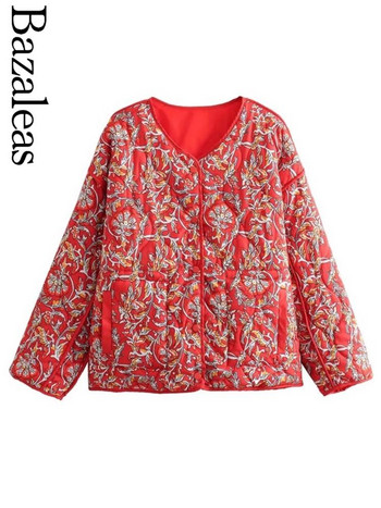 2023 Bazaleas Store Traf Red Floral Print Παλτό Parkas Ζεστό τζάκετ Επίσημο παλτό με βαμβακερή επένδυση