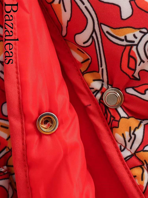 2023. gada Bazaleas Store Traf Red, ziedu apdruka Parkas mētelis silta jaka Kokvilnas polsterēts mētelis