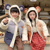 Bērnu kokvilnas polsterēts mētelis meiteņu un zēnu jakas Jauki ziemas apģērbi, biezināts mētelis ar kapuci