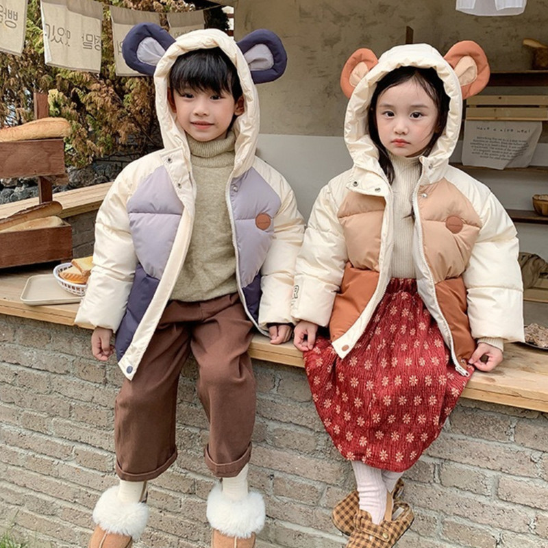 Bērnu kokvilnas polsterēts mētelis meiteņu un zēnu jakas Jauki ziemas apģērbi, biezināts mētelis ar kapuci