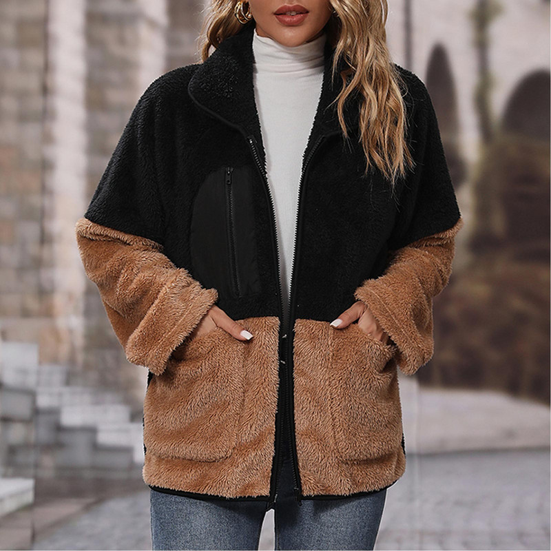 Jachetă cu fermoar asortat la modă pentru femei, iarnă, cu mâneci lungi, pe două fețe, cu rever de pluș, haină pentru femei Abrigos Para Mujeres