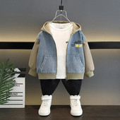 Berniukų striukė, 2023 m. pavasario naujoji vakarietiško stiliaus vyriška džinsinė striukė Rudeniniai vaikiški drabužiai Gražus retro stiliaus gobtuvas su užtrauktuku