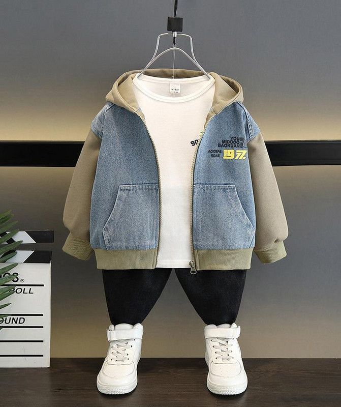 Berniukų striukė, 2023 m. pavasario naujoji vakarietiško stiliaus vyriška džinsinė striukė Rudeniniai vaikiški drabužiai Gražus retro stiliaus gobtuvas su užtrauktuku