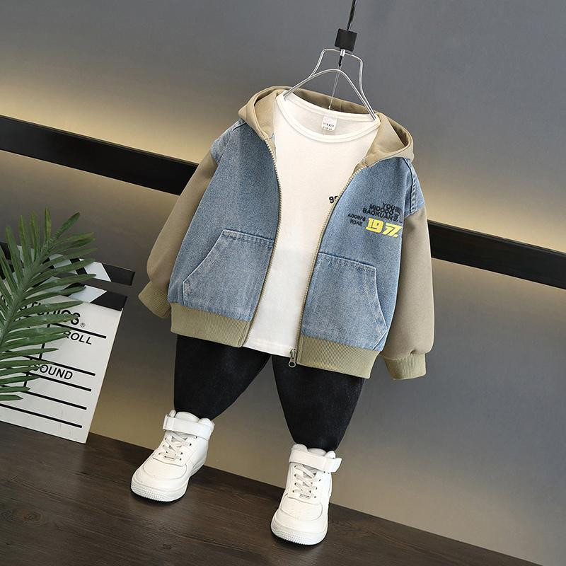 Berniukų striukė, 2023 m. pavasario naujoji vakarietiško stiliaus vyriška džinsinė striukė Rudeniniai vaikiški drabužiai Gražus retro stiliaus gobtuvas su užtrauktuku