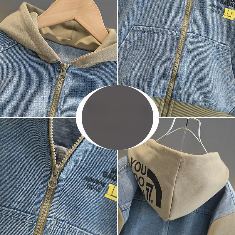 Berniukų striukė, 2023 m. pavasario naujoji vakarietiško stiliaus vyriška džinsinė striukė Rudeniniai vaikiški drabužiai Gražus retro stiliaus gobtuvas su užtrauktuku