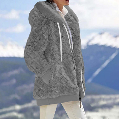 Jaunums biezā ziemas siltā plīša rāvējslēdzēja kabatā ar kapuci vaļīga jaka Sieviešu kapuce Lielizmēra mēteļi Mākslīgās kažokādas džemperis, vējjaka