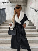 Curea cu buzunar din blană artificială, haină de piele pentru femei, ocazional cu rever, cu mânecă lungă, vintage, lungă, jachete de vânt pentru femei, toamnă iarnă 2023