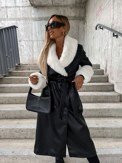 Curea cu buzunar din blană artificială, haină de piele pentru femei, ocazional cu rever, cu mânecă lungă, vintage, lungă, jachete de vânt pentru femei, toamnă iarnă 2023