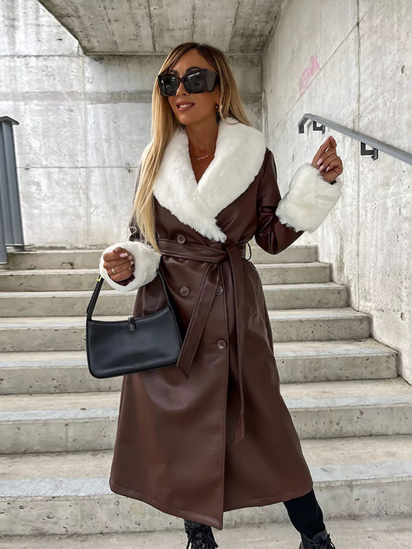 Curea cu buzunar din blană artificială, haină de piele pentru femei, ocazional cu rever, cu mânecă lungă, vintage, lungă, jachete de vânt pentru femei, toamnă iarnă 2023