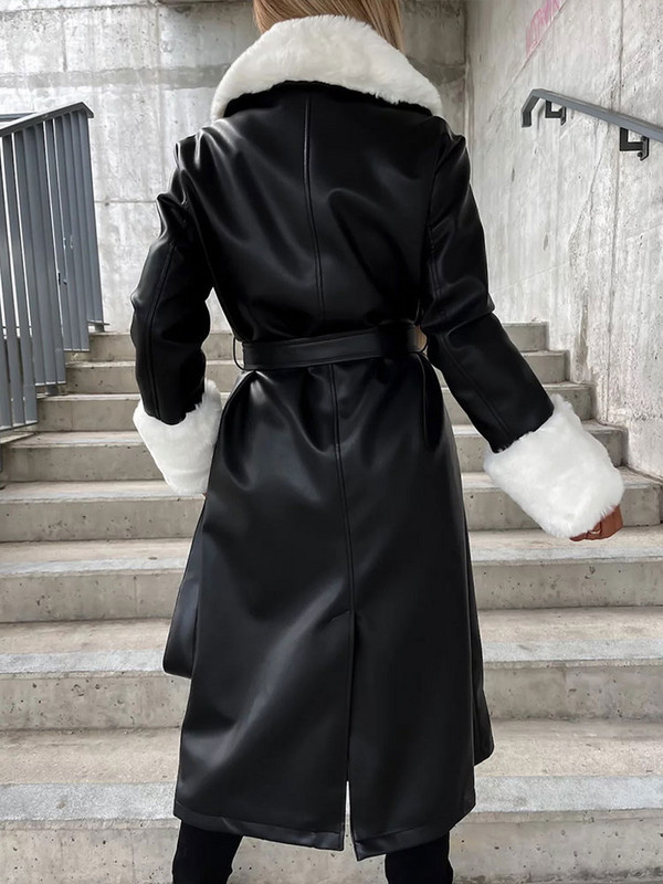 Curea cu buzunar din blană artificială, haină de piele pentru femei, ocazional cu rever, cu mânecă lungă, vintage, lungă, jachete de vânt pentru femei, toamnă iarnă 2023