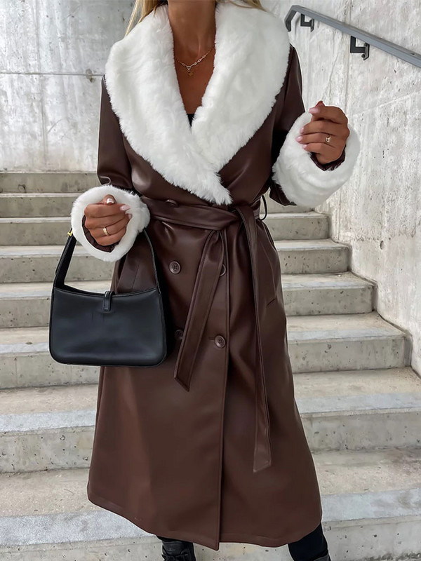 Curea cu buzunar din blană artificială, haină de piele pentru femei, ocazional cu rever, cu mânecă lungă, vintage, lungă, jachete de vânt pentru femei, toamnă iarnă 2023
