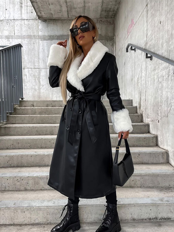 Curea cu buzunar din blană artificială, haină de piele pentru femei, ocazional cu rever, cu mânecă lungă, vintage, lungă, jachete de vânt pentru femei, toamnă iarnă 2023