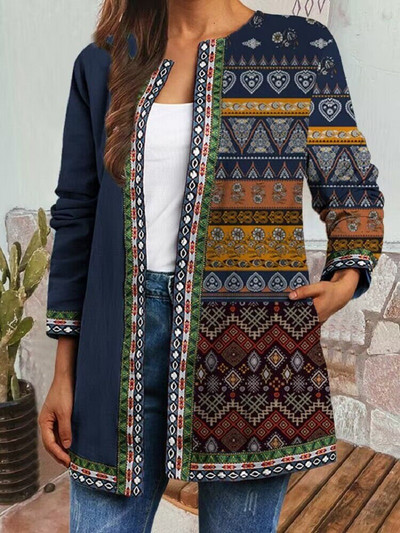 Palton cardigan cu mâneci lungi imprimat cu dungi în carouri bleumarin de primăvară/toamnă