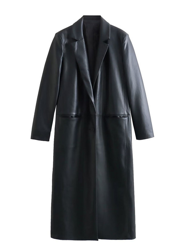 TRAF didelio dydžio juodos dirbtinės odos paltas moterims, 2023 m. senovinis atvartas PU vėjo striukė Madinga moteriška Naujausi ilga viršutiniai drabužiai