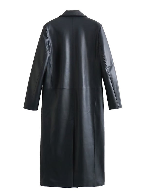 TRAF didelio dydžio juodos dirbtinės odos paltas moterims, 2023 m. senovinis atvartas PU vėjo striukė Madinga moteriška Naujausi ilga viršutiniai drabužiai