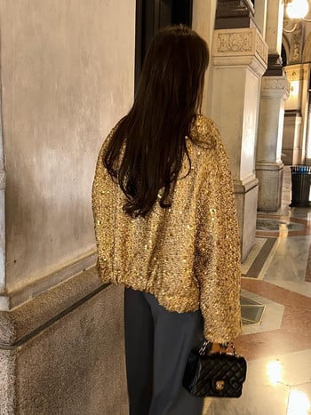 Fashion Sequin Bomber Jacket για Γυναικεία 2023 Stand Γιακάς Μακρυμάνικα Χρυσά Παλτό Γυναικεία Φθινοπωρινά Φαρδιά Vintage Εξωτερικά Ενδύματα