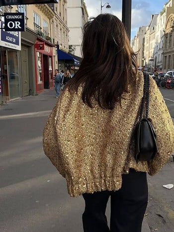 Fashion Sequin Bomber Jacket για Γυναικεία 2023 Stand Γιακάς Μακρυμάνικα Χρυσά Παλτό Γυναικεία Φθινοπωρινά Φαρδιά Vintage Εξωτερικά Ενδύματα