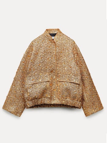 Fashion Sequin Bomber Jacket για Γυναικεία 2023 Stand Γιακάς Μακρυμάνικα Χρυσά Παλτό Γυναικεία Φθινοπωρινά Φαρδιά Vintage Εξωτερικά Ενδύματα