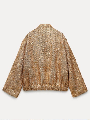 Fashion Sequin Bomber Jacket για Γυναικεία 2023 Stand Γιακάς Μακρυμάνικα Χρυσά Παλτό Γυναικεία Φθινοπωρινά Φαρδιά Vintage Εξωτερικά Ενδύματα