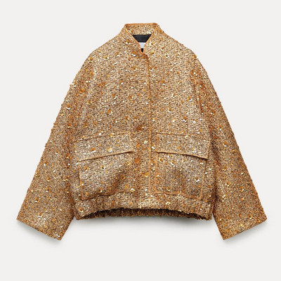 Jachetă bomber cu paiete la modă pentru femei 2023, guler stand, cu mânecă lungă, paltoane aurii, iarnă, toamnă, îmbrăcăminte exterioară largi