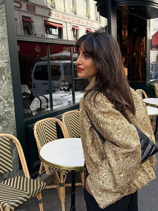 Jachetă bomber cu paiete la modă pentru femei 2023, guler stand, cu mânecă lungă, paltoane aurii, iarnă, toamnă, îmbrăcăminte exterioară largi