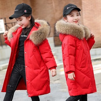 Κορίτσια Long Down Cotton Jacket Winter Keep Warm Γούνινο γιακά Παλτό με κουκούλα Εξωτερικά ρούχα με φερμουάρ Χριστουγεννιάτικα παιδικά ρούχα για εφήβους 5-14 ετών