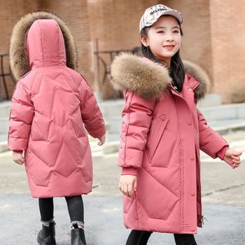 Κορίτσια Long Down Cotton Jacket Winter Keep Warm Γούνινο γιακά Παλτό με κουκούλα Εξωτερικά ρούχα με φερμουάρ Χριστουγεννιάτικα παιδικά ρούχα για εφήβους 5-14 ετών