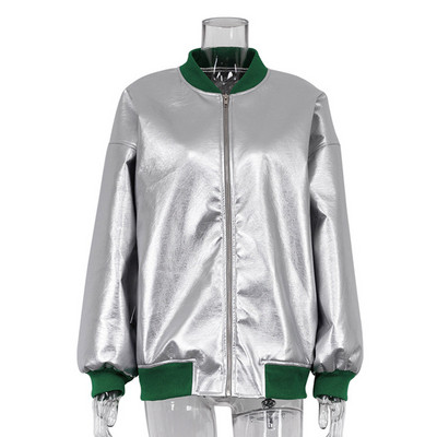 Jachete din piele sintetică din PU metalizat pentru femei, iarnă, guler polo, cu mânecă lungă, haină ocazională, îmbrăcăminte de stradă, mozaic, cu fermoar.