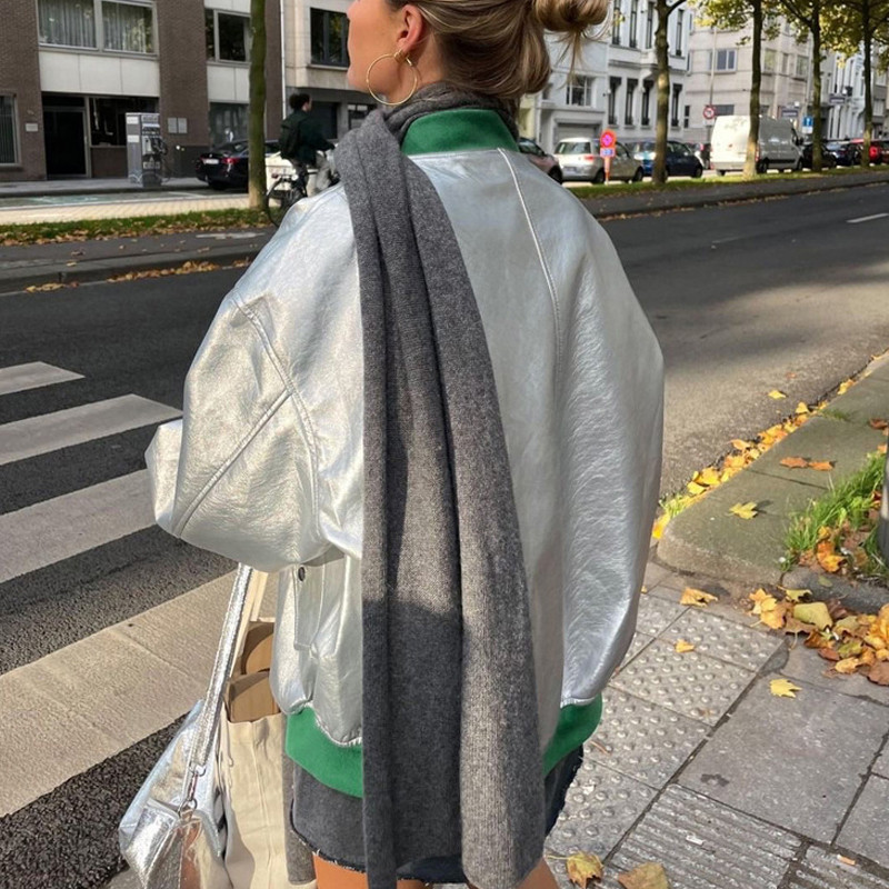 Jachete din piele sintetică din PU metalizat pentru femei, iarnă, guler polo, cu mânecă lungă, haină ocazională, îmbrăcăminte de stradă, mozaic, cu fermoar.