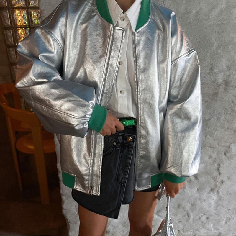 Jachete din piele sintetică din PU metalizat pentru femei, iarnă, guler polo, cu mânecă lungă, haină ocazională, îmbrăcăminte de stradă, mozaic, cu fermoar.