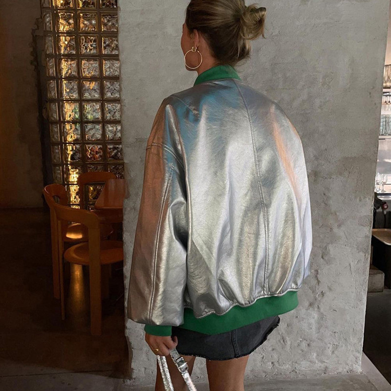 Jachete din piele sintetică din PU metalizat pentru femei, iarnă, guler polo, cu mânecă lungă, haină ocazională, îmbrăcăminte de stradă, mozaic, cu fermoar.