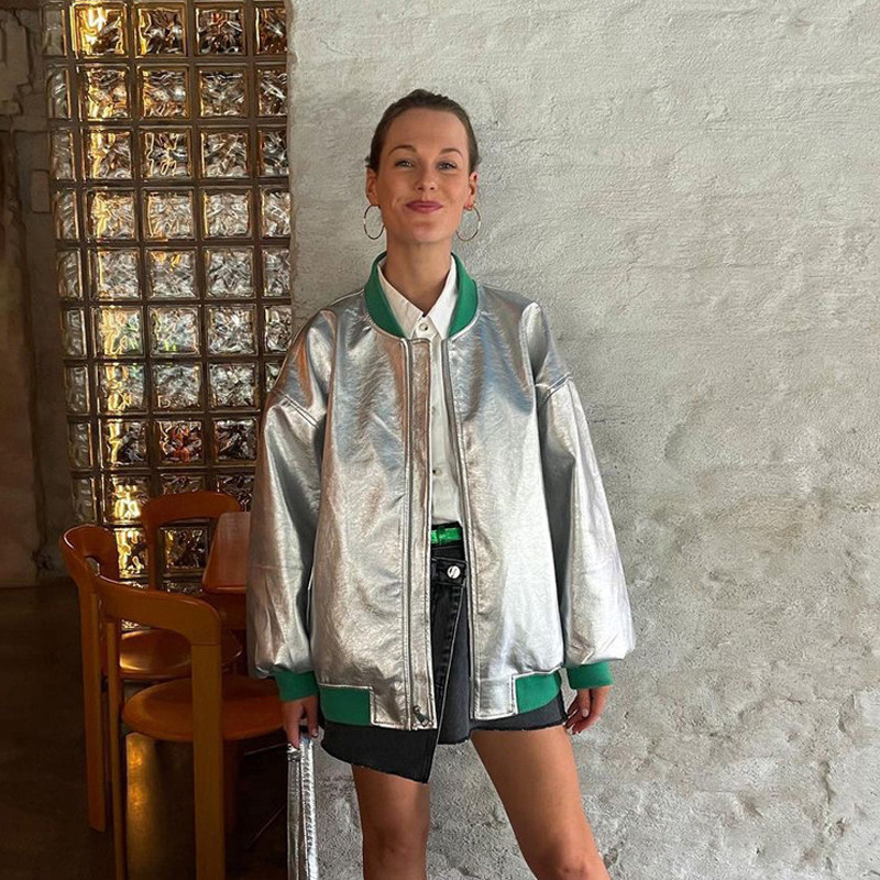 Jachete din piele sintetică din PU metalizat pentru femei, iarnă, guler polo, cu mânecă lungă, haină ocazională, îmbrăcăminte de stradă, mozaic, cu fermoar.