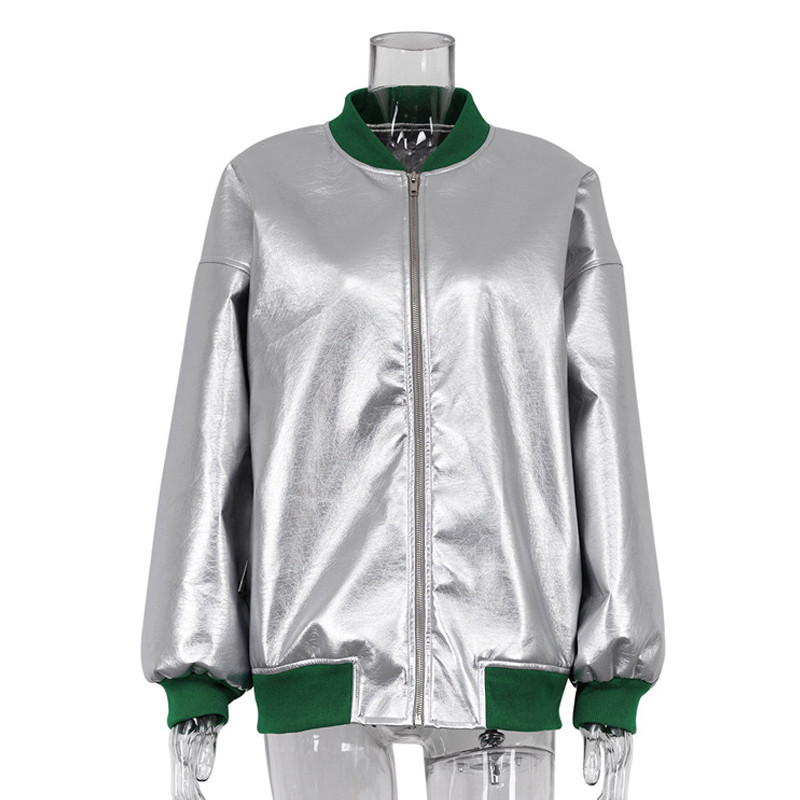 Jachete din piele sintetică din PU metalizat pentru femei, iarnă, guler polo, cu mânecă lungă, haină ocazională, îmbrăcăminte de stradă, mozaic, cu fermoar.