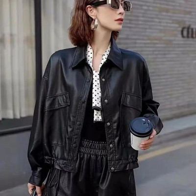 Jachetă nouă de primăvară 2022, la modă, versiunea coreeană, largi, scurtă, pentru femei, din piele PU, pardesiu din piele pentru femei, cu un singur piept