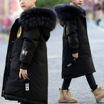 Winter Boys\'Fashion Νέα Παλτό Εφηβικά Μπουφάν Παχύ Ζεστά Εξωτερικά Ενδύματα Παιδικά Ενδύματα με κουκούλα Γούνινο γιακά Αγόρια μακριά παρκά
