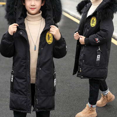 Winter Boys`Fashion Νέα Παλτό Εφηβικά Μπουφάν Παχύ Ζεστά Εξωτερικά Ενδύματα Παιδικά Ενδύματα με κουκούλα Γούνινο γιακά Αγόρια μακριά παρκά