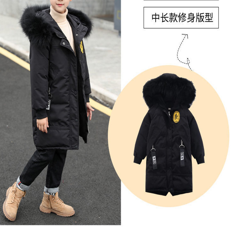Ziemas zēnu mode Jauni mēteļi pusaudžiem dūnu jakas biezas siltas virsdrēbes bērnu apģērbi ar kapuci kažokādas apkakles zēniem garas parkas