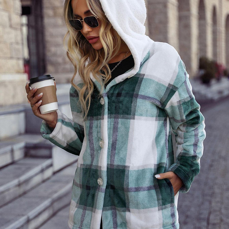 Visvairāk pārdotā ziemas mēteļa jaka sievietēm rudens ziemas ar kapuci ar garām piedurknēm rūtaini vidēja garuma brīvs zelta seska mētelis 여성가을의류