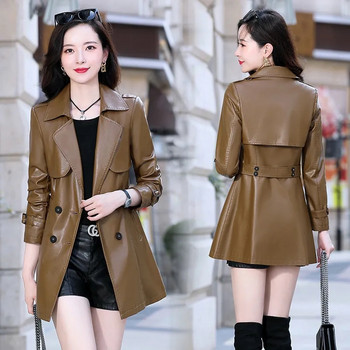 Φθινοπωρινό γυναικείο δερμάτινο τζάκετ Faux Soft Coat Long Coat Slim διπλό παλτό 2023 Νέα γυναικεία μαύρα μπουφάν μοτοσικλέτας