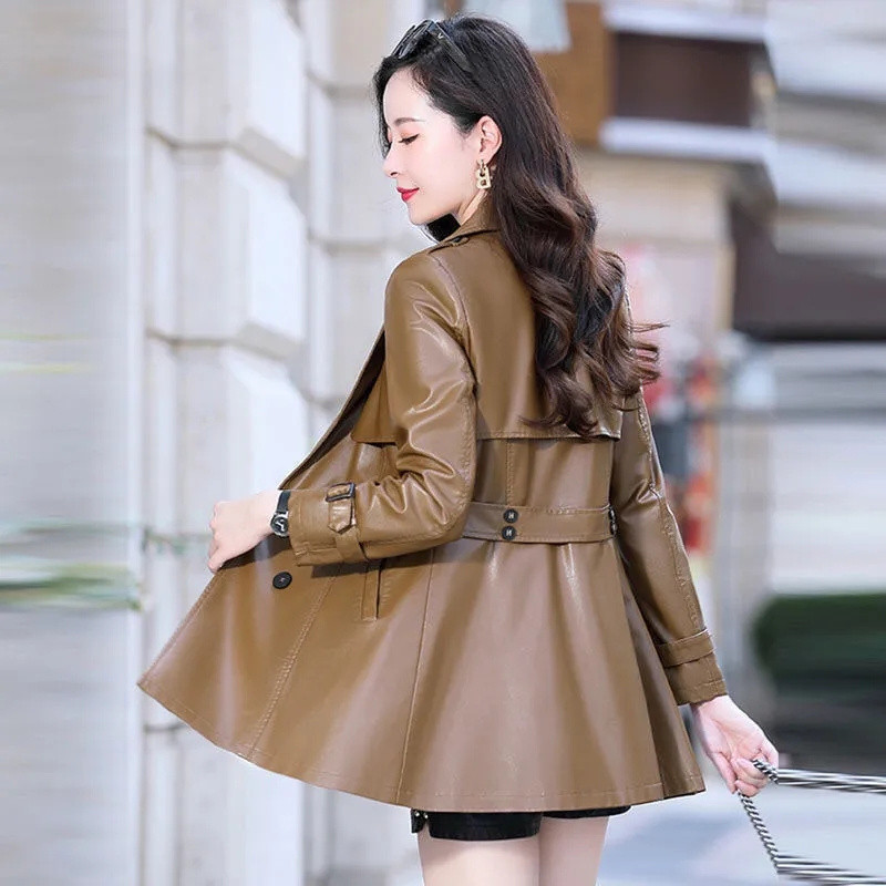 Jachetă din piele PU de toamnă pentru femei, haină moale artificială, haină lungă, pardesiu subțire la două piept, 2023, noi jachete negre pentru motociclete pentru femei