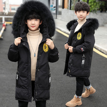 2023 Νέο χειμωνιάτικο μπουφάν για αγόρια μονόχρωμο, μακρύ στυλ, προστατευτικό για ζεστό κρύο με κουκούλα Βαμβακερά παλτό αντιανεμικό για 4-14 χρόνια