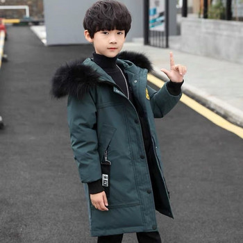 2023 Νέο χειμωνιάτικο μπουφάν για αγόρια μονόχρωμο, μακρύ στυλ, προστατευτικό για ζεστό κρύο με κουκούλα Βαμβακερά παλτό αντιανεμικό για 4-14 χρόνια