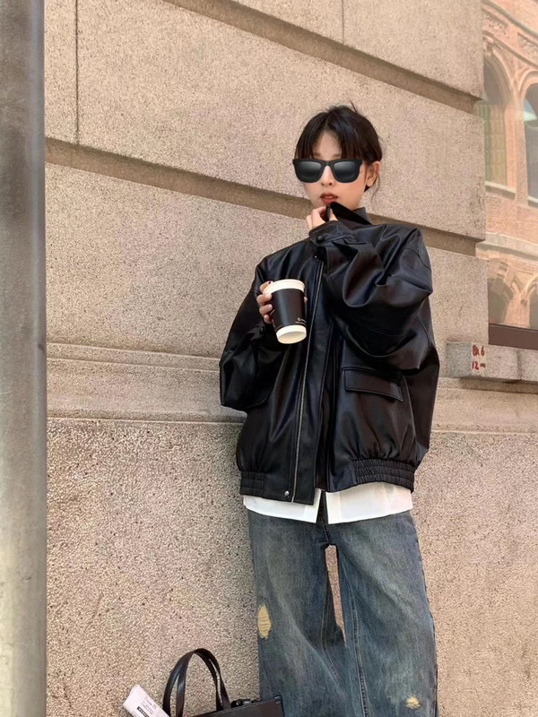 Jachetă vintage din PU pentru femei, haină de stradă, pardesiu supradimensionat, stil american, ocazional, jachetă din piele artificială, ocazională.
